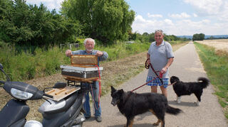 Hubert Kaschel (r.) mit seinen Hunden und Manfred Winterhak mit vor Ort frisch eingeholten Honigwaben vor dem Landgraben sowie der Kleingartenanlage dahinter - die großen Bäume sollen allesamt gefällt werden.