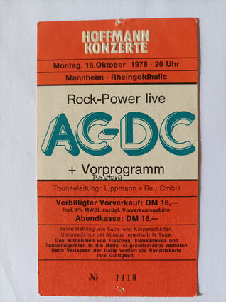 Die Eintrittskarte für das AC/DC-Konzert 1978 in der Mannheimer Rheingoldhalle hat Dieter Müller aufbewahrt.