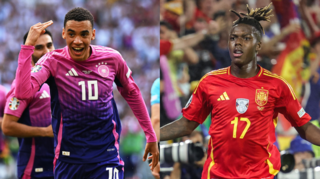Dreimal hat Jamal Musiala bei der EM schon für Deutschland getroffen und ist damit Kandidat für den Spieler des Turniers. / Einer der jungen Wilden bei der spanischen Nationalmannschaft: Nico Williams bildet gemeinsam mit Lamine Yamal die hochtalentierte und gefährliche Flügelzange.