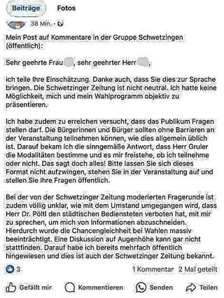 Das ist der Facebook-Post von OB-Kandidatin Dr. Rebecca Ziegler.