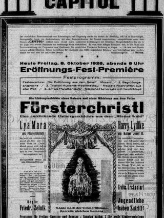 Die „Försterchristl“ wurde 1926 zur Eröffnung gezeigt.