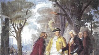 Kurfürst Carl Theodor in München im Englischen Garten mit Unterhofgärtner Friedrich Ludwig Sckell (l.) und seinem Vertrauten Benjamin Thompson (r.).