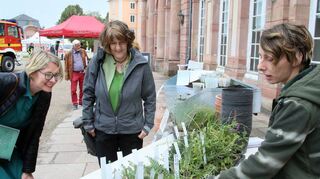 Patricia Alberth (l.) und Gisela Splett lassen sich von Orangeriegärtnerin Saskia Diermaier die Besonderheiten der Pflanzen auf dem Tisch erklären.