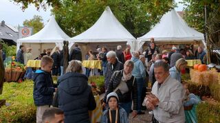 Im Garten der Villa Meixner in Brühl kommen über das Wochenende viele Gäste zusammen. Alles ist herbstlich mit Strohballen und Kürbissen dekoriert.