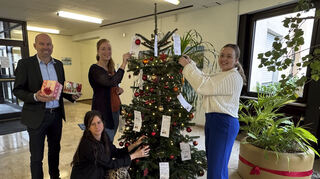 Der Ketscher Wunschbaum steht wieder im Rathaus: Bürgermeister Timo Wangler (v. l.), Barbara Schloter, Nadin Hahl und Annika Bruhn vom Sozialamt befestigen die Wünsche der Kinder.
