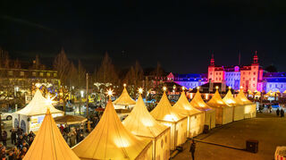 Wunderschöne Kulisse: Der Weihnachtsmarkt mit dem Schwetzinger Schloss im Hintergrund.