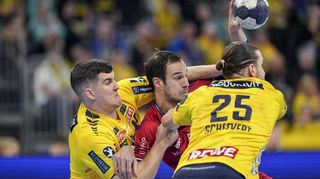 Halil Jaganjac (li.) nimmt hier mit Olle Forsell Schefvert (re.) den Bietigheimer Dominik Claus in die Zange. Der Kroate bleibt bis 2027 bei den Löwen.