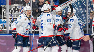Jubeltraube: Die Spieler der Adler Mannheim feiern mit Torschütze Marc Michaelis (r.) das 1:0.