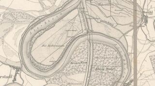 Die Karte zeigt, wie der Rheindurchstich nach den Plänen Tullas Brühl in zwei Hälften aufspaltet.