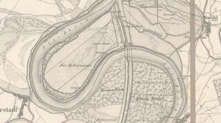 Die Karte zeigt, wie der Rheindurchstich nach den Plänen Tullas Brühl in zwei Hälften aufspaltet.