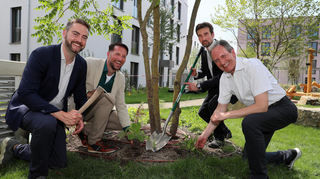Nicolas Zimmermann (v.l.), Bastian Memmeler, Steven Friedewald und BM Dr. Ralf Göck bringen die 40.000 Pflanze in den Boden.