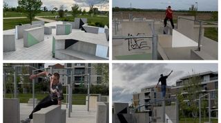 Die Parkour-Anlage auf dem Mannheimer Spinelli-Gelände dient Tim Weickenmeier (rechts oben) und seinen Kursteilnehmern als Trainingsort.