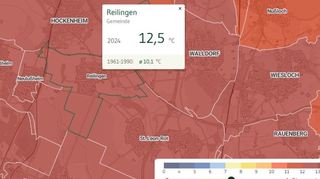 Die Karte zeigt die Durchschnittstemperatur 2024 in unserer Region und die Veränderungen im Mittel der Jahre 1961 bis 1990.