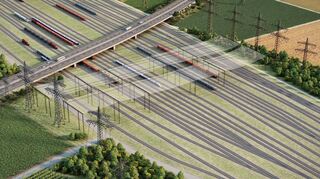 Die Gerüstreihe über dem Rangierbahnhof Mannheim ist 27 Meter hoch und 47 Meter breit.