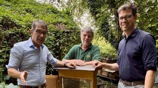 Dr. Andre Baumann (v. l.) und Ralf Nentwich besuchen Imker Günther Martin und seine Honigbienen in Ketsch.