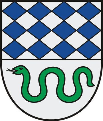 Das Oftersheimer Wappen mit „bayerischen“ Rauten und grüner Schlange.