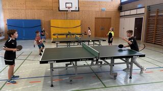 Beim Jeder-gegen-Jeden-Turnier des TTC-Ferienprogramms spielen Fabian Weick (v. l.), Benjamin Thomas, Sebastian Werner, Melodi Toska, Robin Heck und Jasper Krämer.