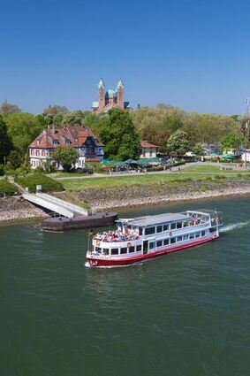 Das Fahrgastschiff "Pfälzer Land" liegt am Anleger in Speyer.