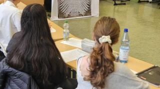 Das Klassenzimmer wird zum Plenarsaal: Die Neuntklässler der Theodor-Heuss-Realschule haben für ihre Debatte auch einen Bundesadler aufgehängt.