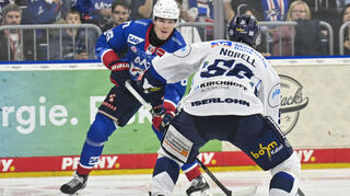 Maximilian Heim (l.) spielt bislang eine starke Saison bei den Adlern Mannheim.