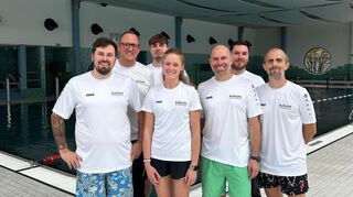 Unterstützung aus dem Rathaus fürs Ketscher Hallenbad: Bauamtsleiter Marc Schneider (v. l.), Christian Flemming, Yves Perrigault, Julia Berberig, Bürgermeister Timo Wangler, Daniel Maftei und Dominique Stang, es fehlt Nico Rössler.