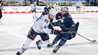 Anthony Greco #44 (Adler Mannheim) im Zweikampf mit Dillon Heatherington #95 (EHC München).